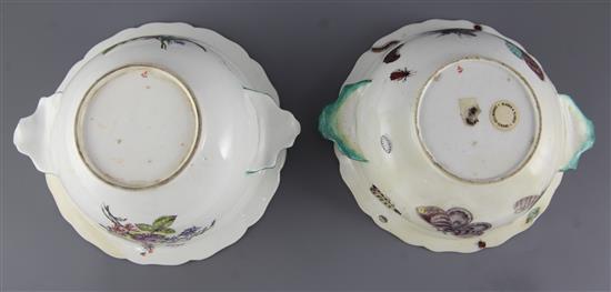 Two Chelsea ecuelles and covers, c.1755, diam. 17cm and 17.5cm, restorations and damage